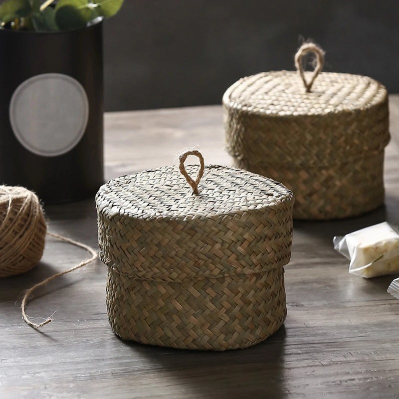 panier de rangement en rotin tissé fait main avec couvercle