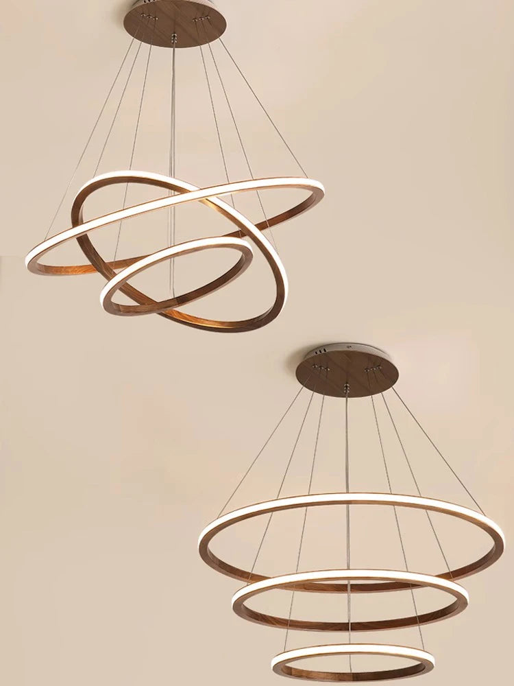 lustre led design moderne en bois anneau décoration rétro