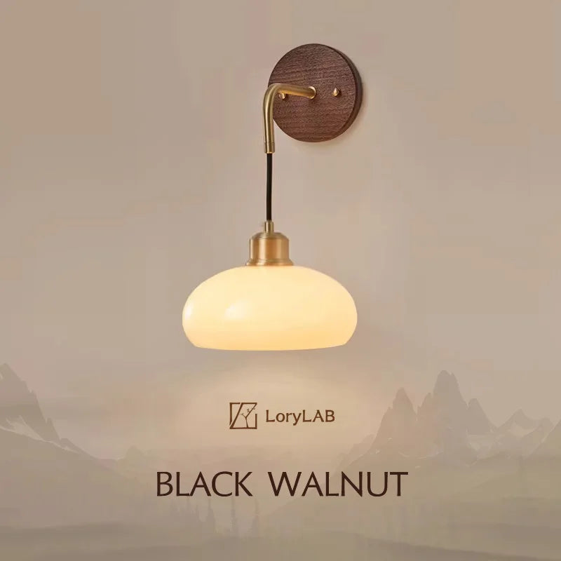 Walnut Wood Glass Brass, Wabi-sabi minimalist Modern style, Wall Sconce light for Bedroom, Bedside, Living, Dining Room