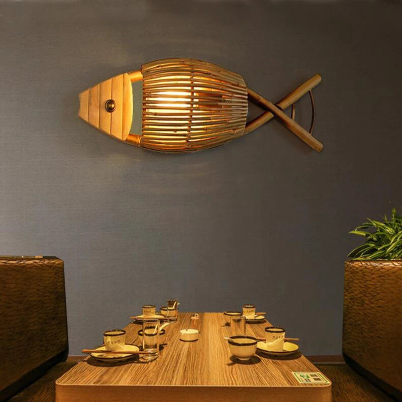 applique murale décorative rétro en bambou tissé poisson pour café et hôtel