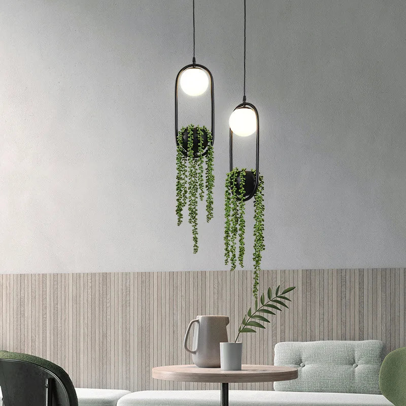 suspension rétro en fer avec plante décorative et éclairage led