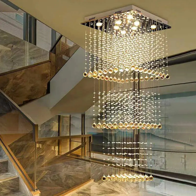 Duplex building, living room, large chandelier, square hotel villa, modern crystal hollow staircase, long chandelier