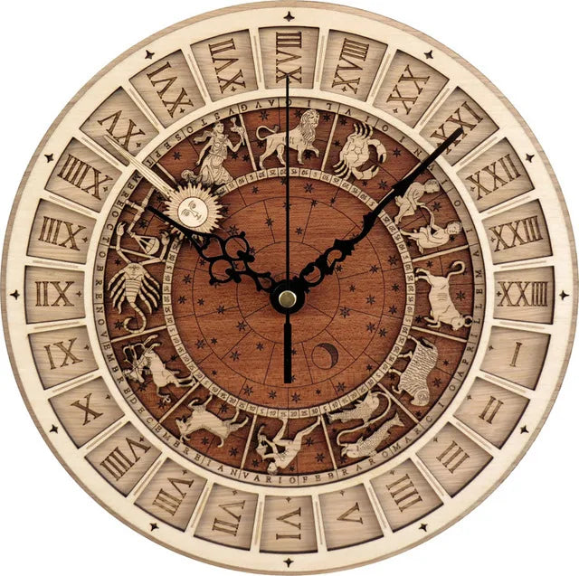 horloge en bois avec signes du zodiaque et constellations art déco