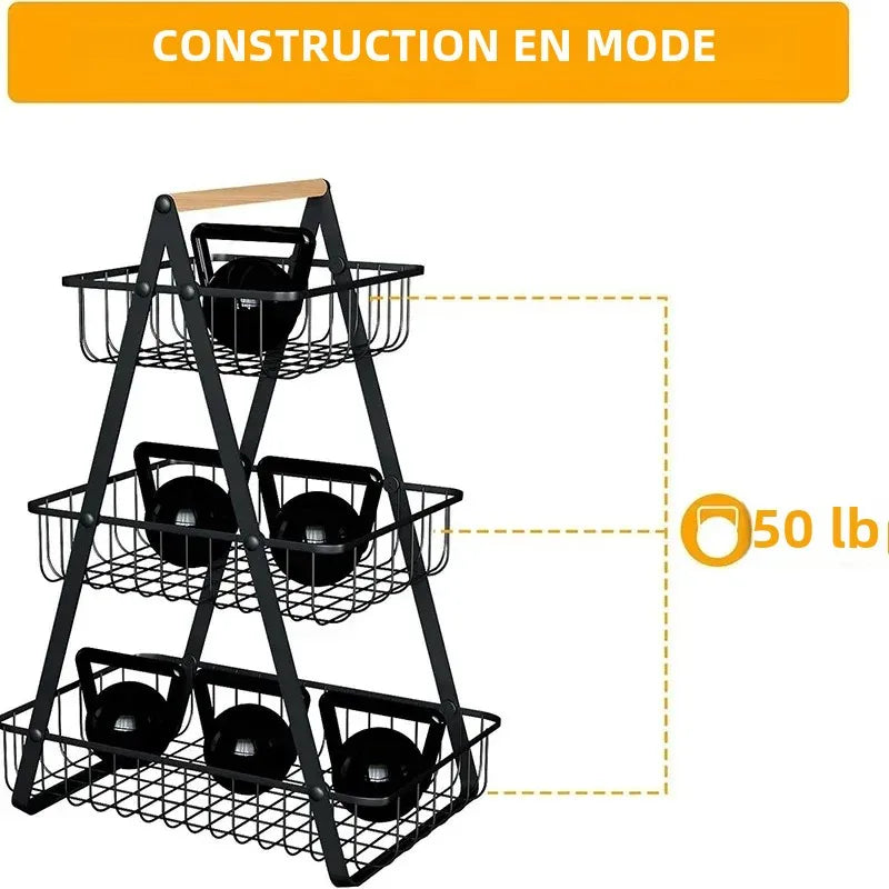 corbeille à fruits en métal à trois niveaux pour rangement de légumes