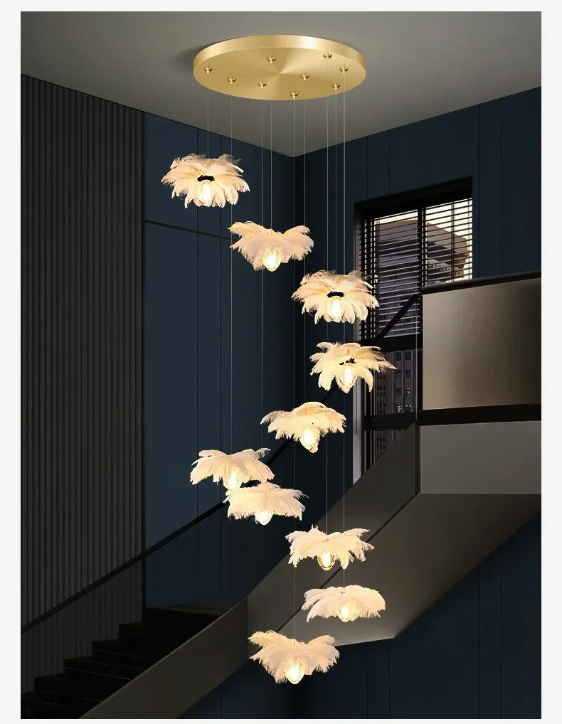 2024Staircase Feather Chandelier Ostrich Glass Design Pendant Chandelier Lighting Home Decor Suspend Lustre Fixtures