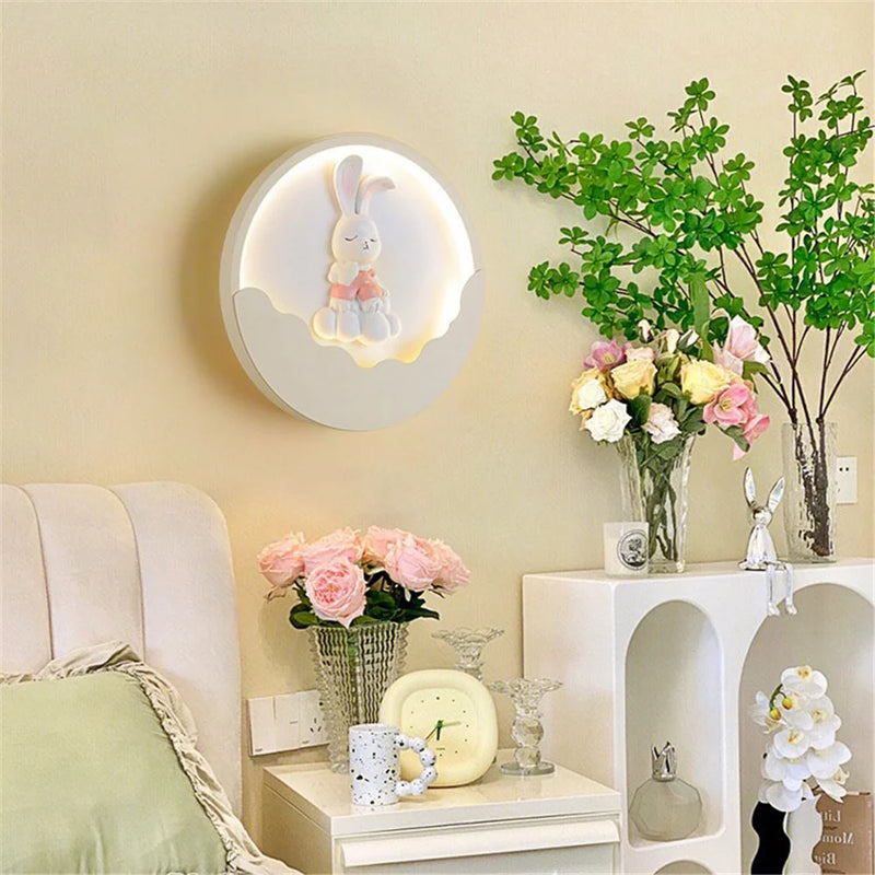 applique murale ronde led ours et lapin pour enfants