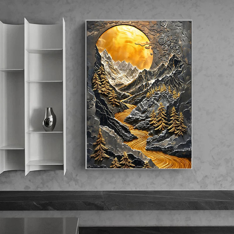 Tableau affiche paysage littoral doré forêt clair de lune bonsaï cascade décor mural