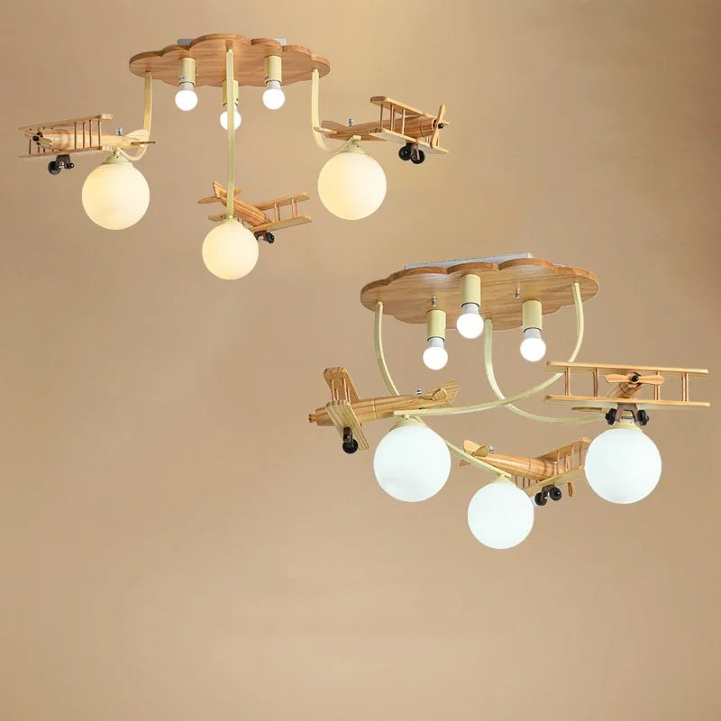 lustre en bois avion pour chambre d'enfant plafonnier led