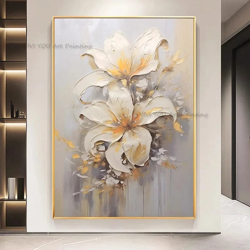 Tableau peinture à l'huile épaisse fleurs blanches abstraites décoration murale luxe