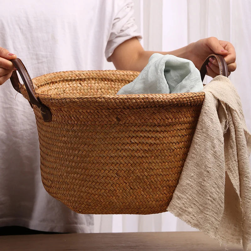 panier de rangement tissé à la main pliable en osier et jonc de mer