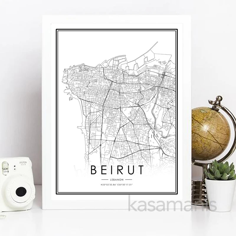 carte de beyrouth toile noire et blanche décoration murale moderne