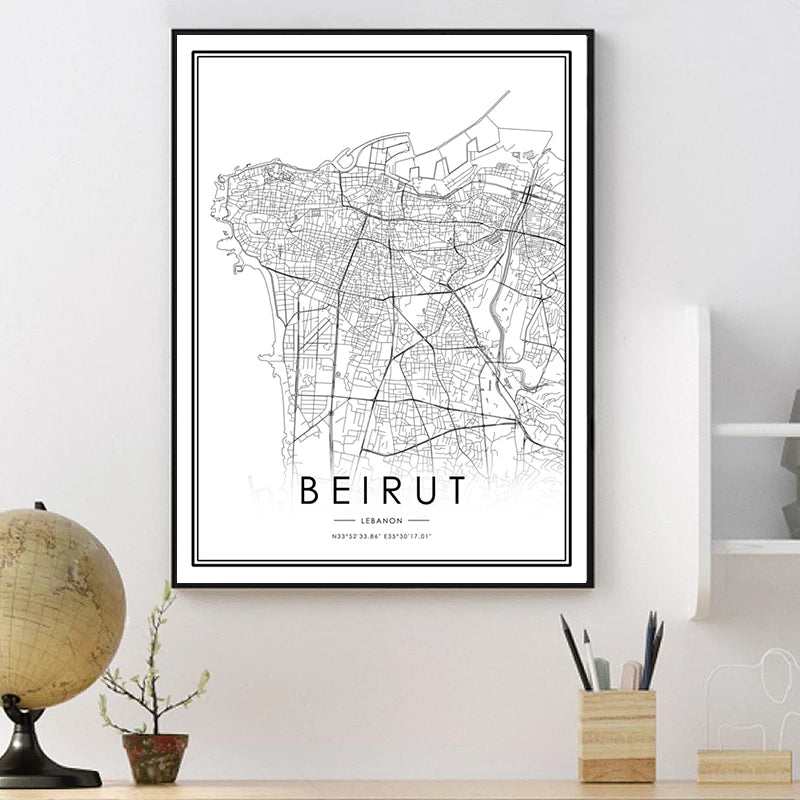 carte de beyrouth toile noire et blanche décoration murale moderne