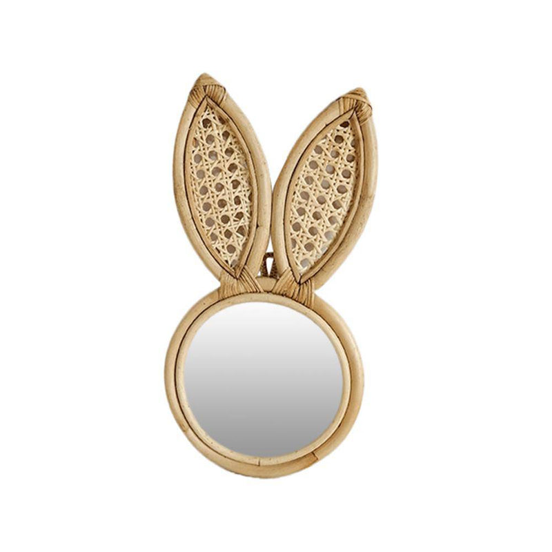 Round rattan wall mirror with rabbit ears