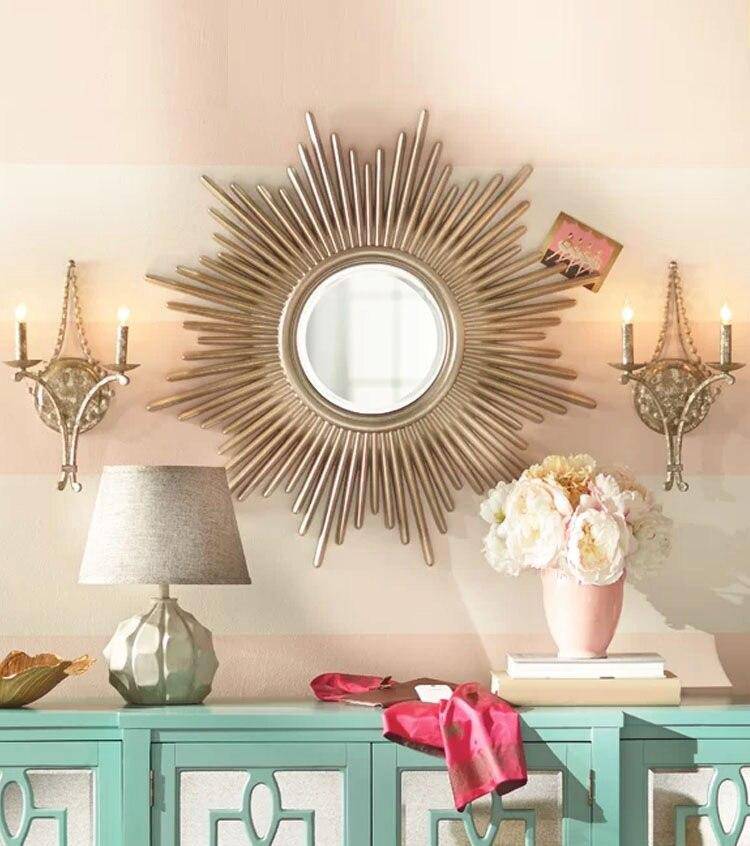 Espejo de pared redondo de madera Sunburt